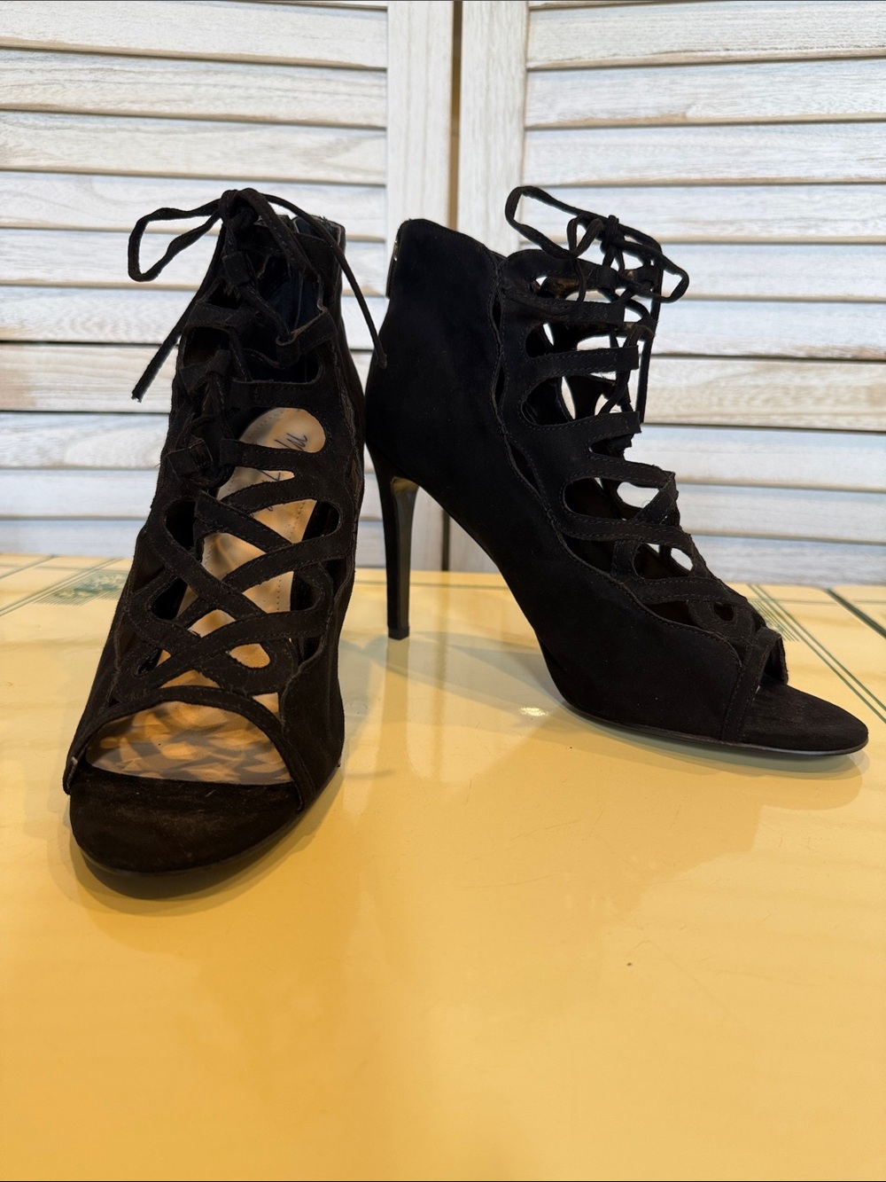 Marc Fisher Black Lace-Up Peep Toe Stiletto Booties